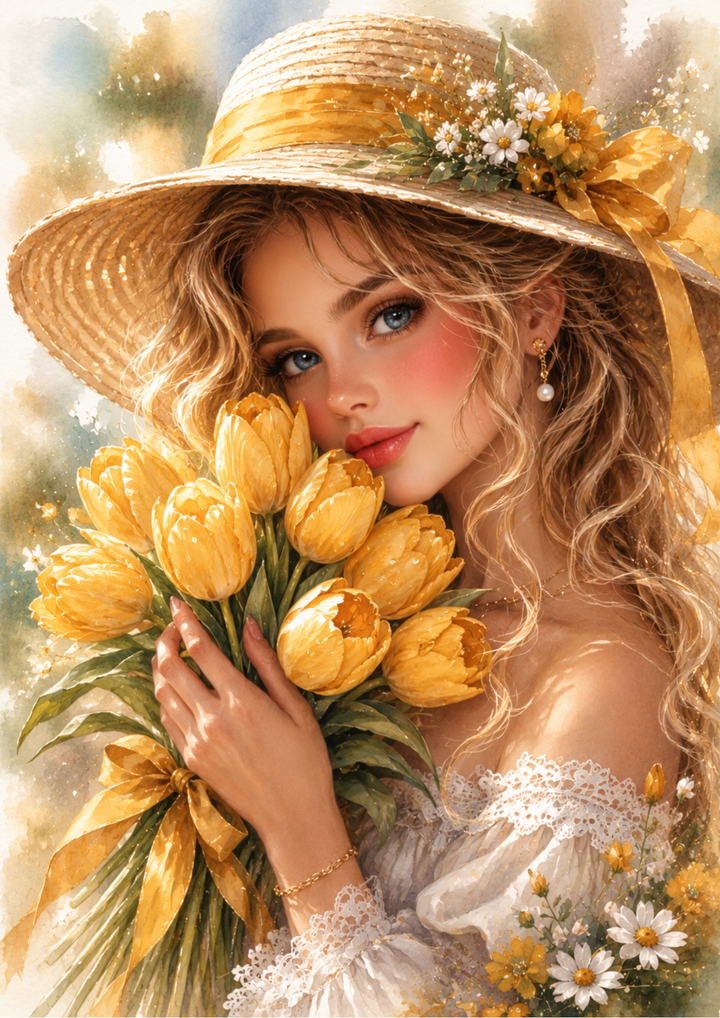 Rice Paper For Decoupage Woman Holding Yellow Tulips Full  Cat. No. 9708
