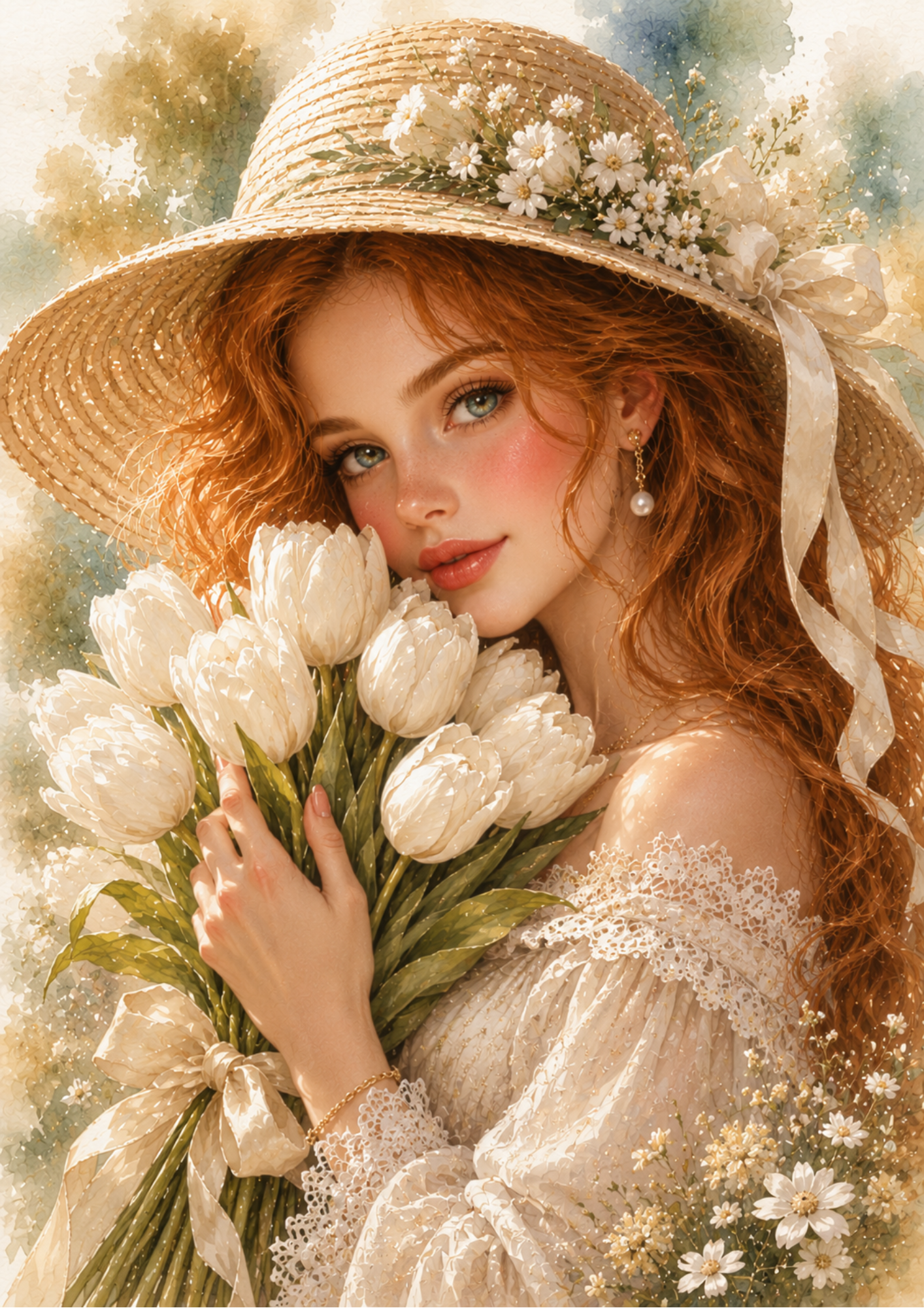 Rice Paper For Decoupage Woman Holding White Tulips Full  Cat. No. 9709