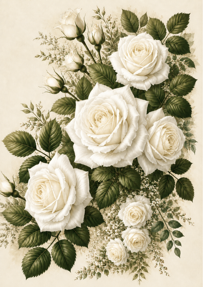 Rice Paper For Decoupage White Roses Garland Full  Cat. No. 9724