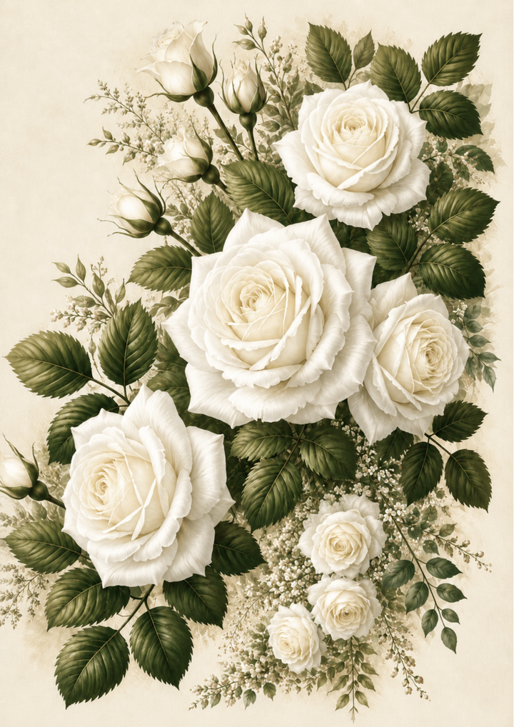 Rice Paper For Decoupage White Roses Garland Full  Cat. No. 9724