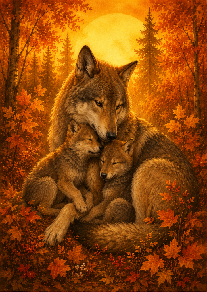 Rice Paper For Decoupage Wolf Family in Autumn Forest Full  Cat. No. 9740
