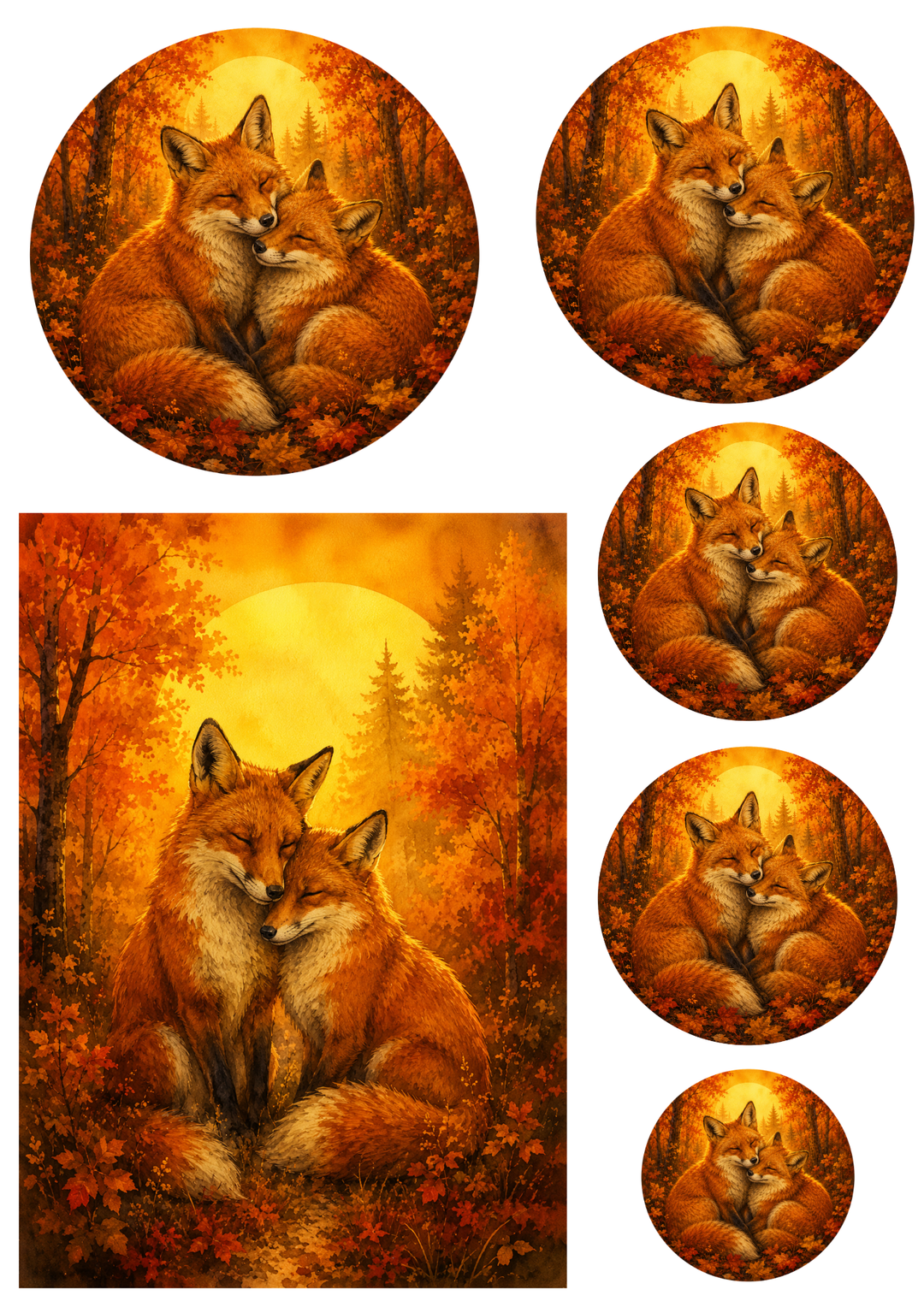 Rice Paper For Decoupage Foxes Family in Autumn Forest Collage Cat. No. 9742