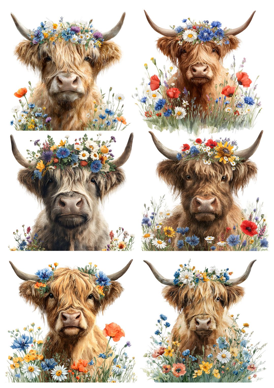 Rice Paper For Decoupage Highland Cow in Floral Meadow Collage Cat. No. 9751