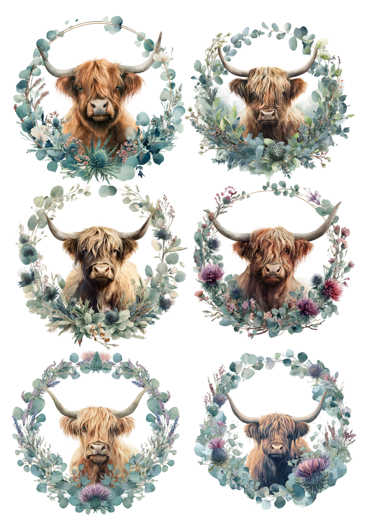 Rice Paper For Decoupage Highland Cow in Floral Wreath Collage Cat. No. 9752