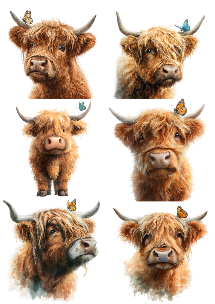 Rice Paper For Decoupage Highland Cow &amp; Butterfly Collage Cat. No. 9754