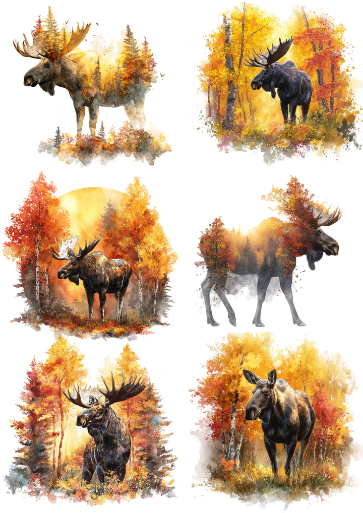 Rice Paper For Decoupage Moose in Autumn Forest Collage Cat. No. 9757