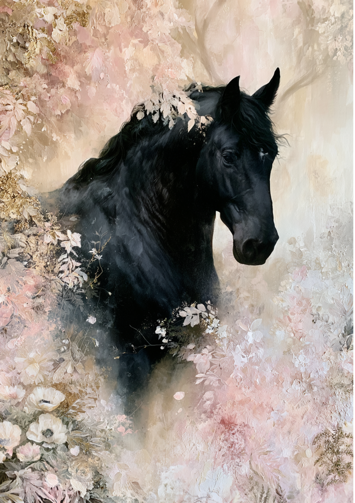 Rice Paper For Decoupage Black Horse in Pink Fog Full Cat. No. 9784