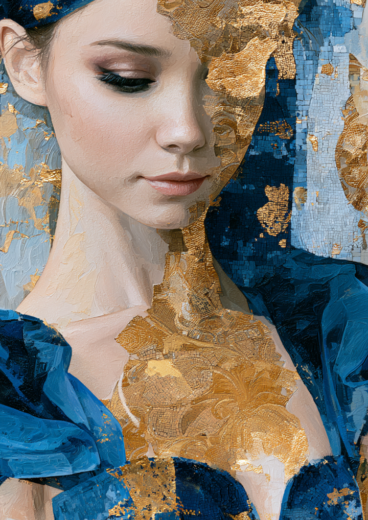 Rice Paper For Decoupage Woman Portarit in Blue &amp; Gold Full Cat. No. 9790