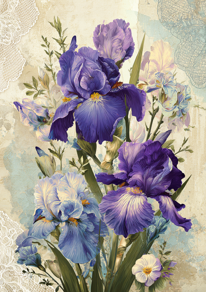 Rice Paper For Decoupage Vintage Purple Irises Cat. No. 9834