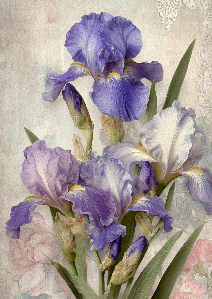 Rice Paper For Decoupage  Purple Irises Bouquet Cat. No. 9836