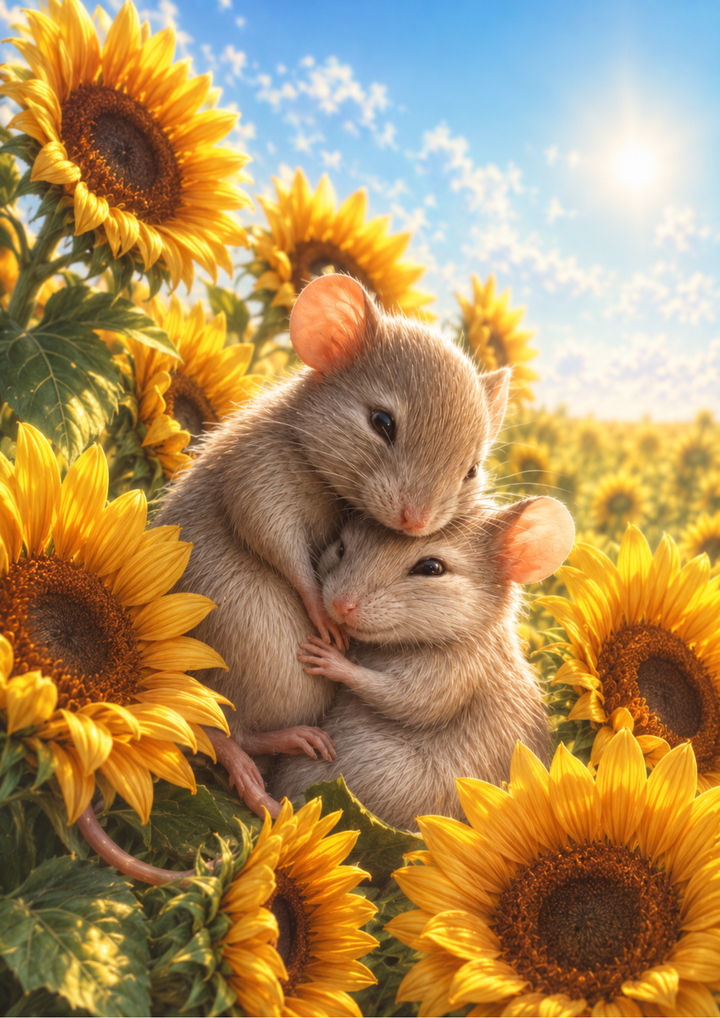 Rice Paper For Decoupage Two Mice Hugging in Sunflower Field Full Cat. No. 9851