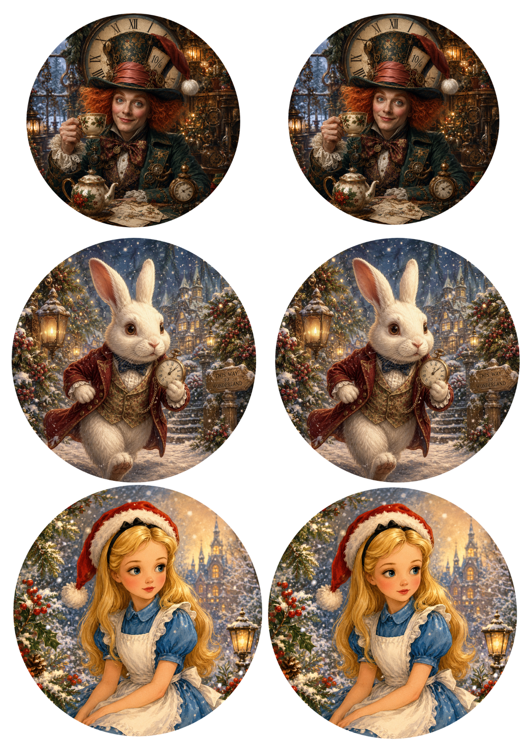 Rice Paper For Decoupage Alice in Wonderland Christmas Edition Circle Collage Cat. No. 9953