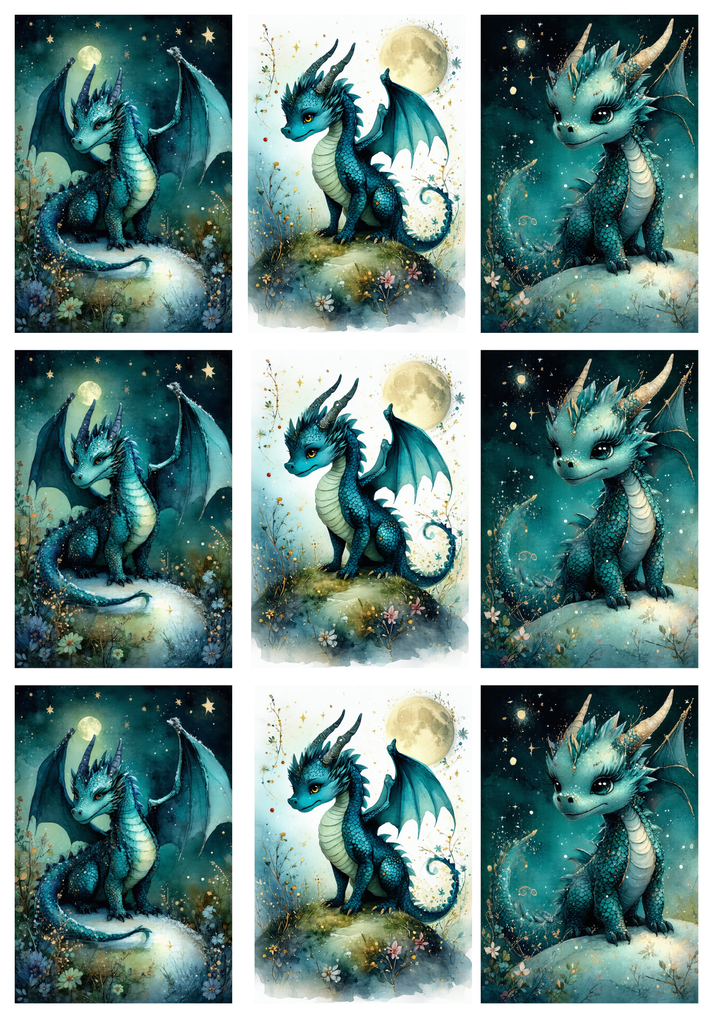 Rice Paper For Decoupage  Mystic Blue Baby Dragon Collage Cat. No. 9989