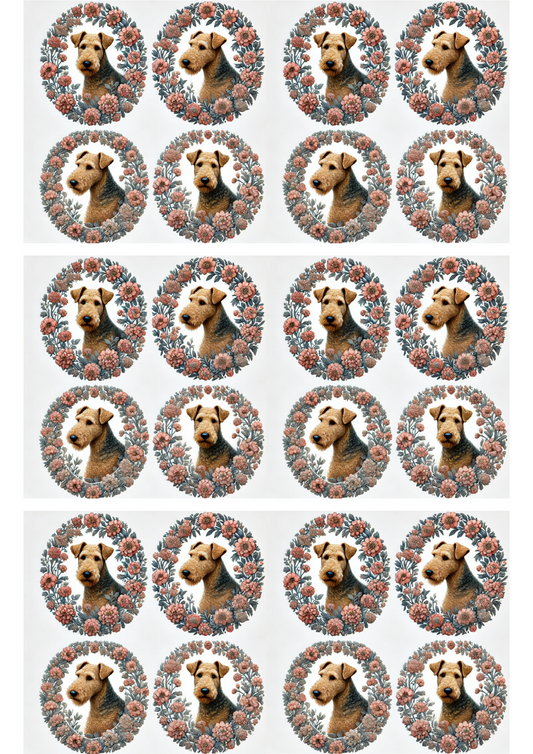 Reispapier für Decoupage Airedale Terrier Blumen in Ovalen Collage Kat. Nr. 2937