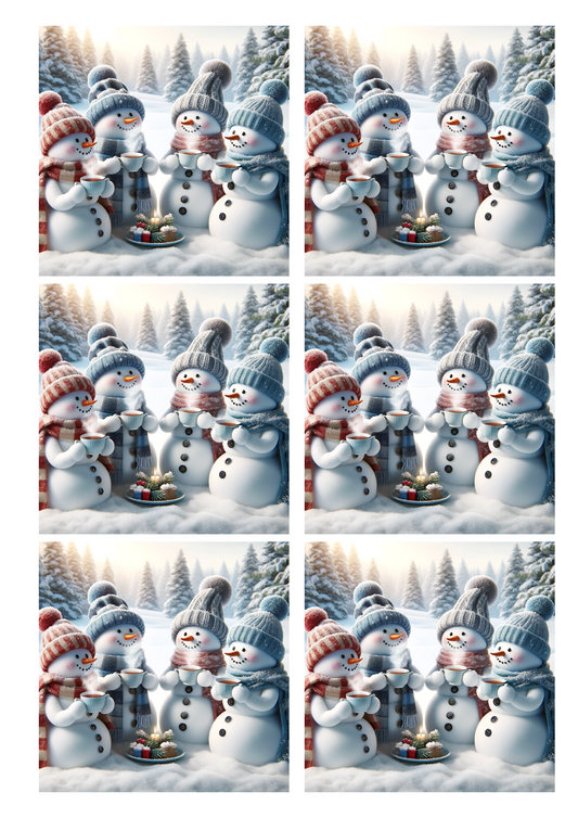 Rice Paper for Decoupage Snowmen Drink Tea Collage Six Cat. No. 1254