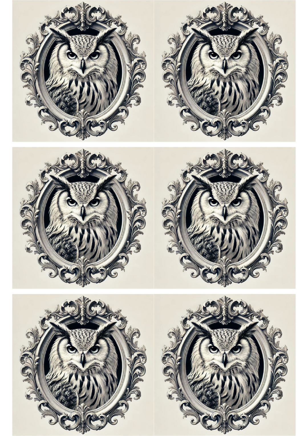 Rice Paper For Decoupage Baroque Owl In Oval Collage Cat. No. 2947