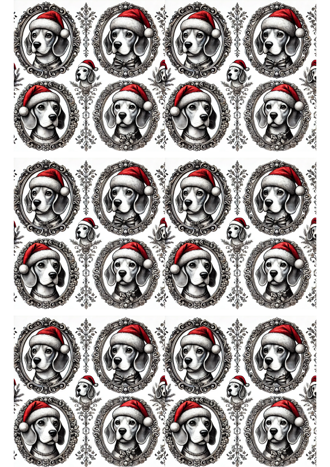 Reispapier für Decoupage, Beagle-Hund mit Weihnachtsmütze in ovaler Collage, Kat.-Nr. 2951