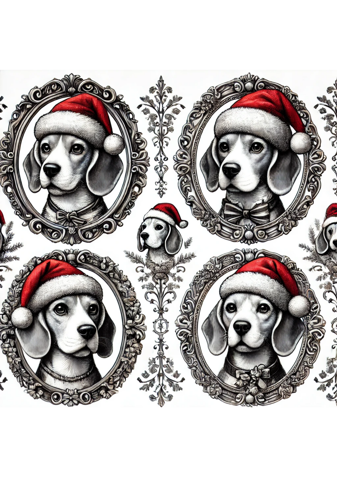 Reispapier für Decoupage, Beagle-Hund mit Weihnachtsmütze in Ovalen, vollständige Kat.-Nr. 2952