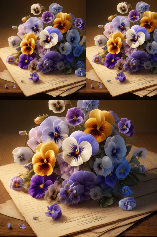 Rice Paper for Decoupage Pansies on Old Letters Collage Cat. No. 442