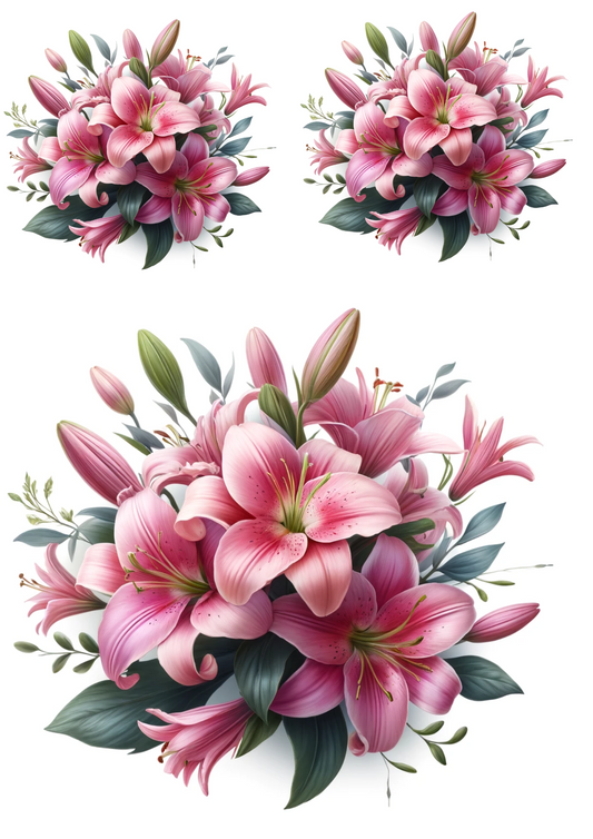 Rice Paper For Decoupage Bouquet of Pink Lilies Collage Cat No. 694