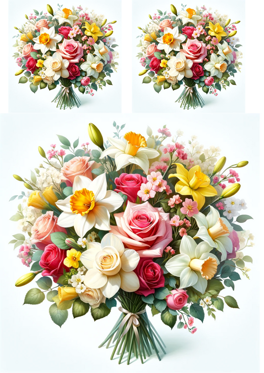 Reispapier für Decoupage Blumenstrauß aus Rosen, Narzissen, Lilien Collage Kat. Nr. 720