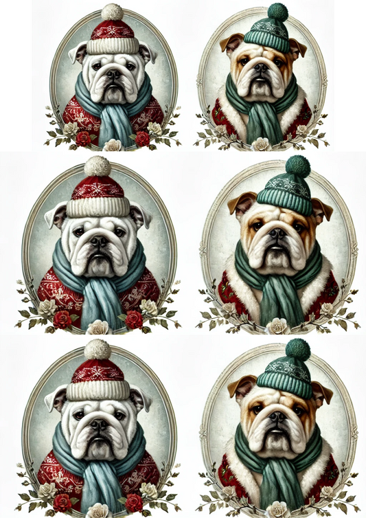Reispapier für Decoupage, Bulldogge mit Weihnachtsmütze in Ovalen, vollständig, Kat. Nr. 2960