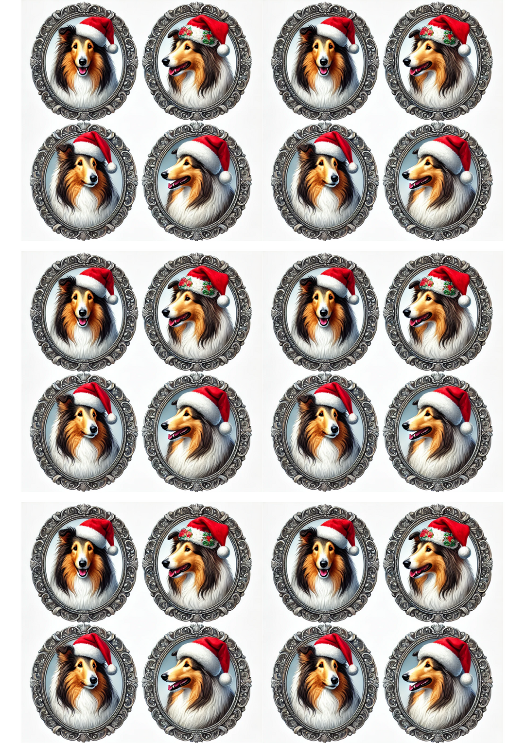 Rice Paper For Decoupage Collies In Christmas Hats In Ovals Collage Cat. No. 2971