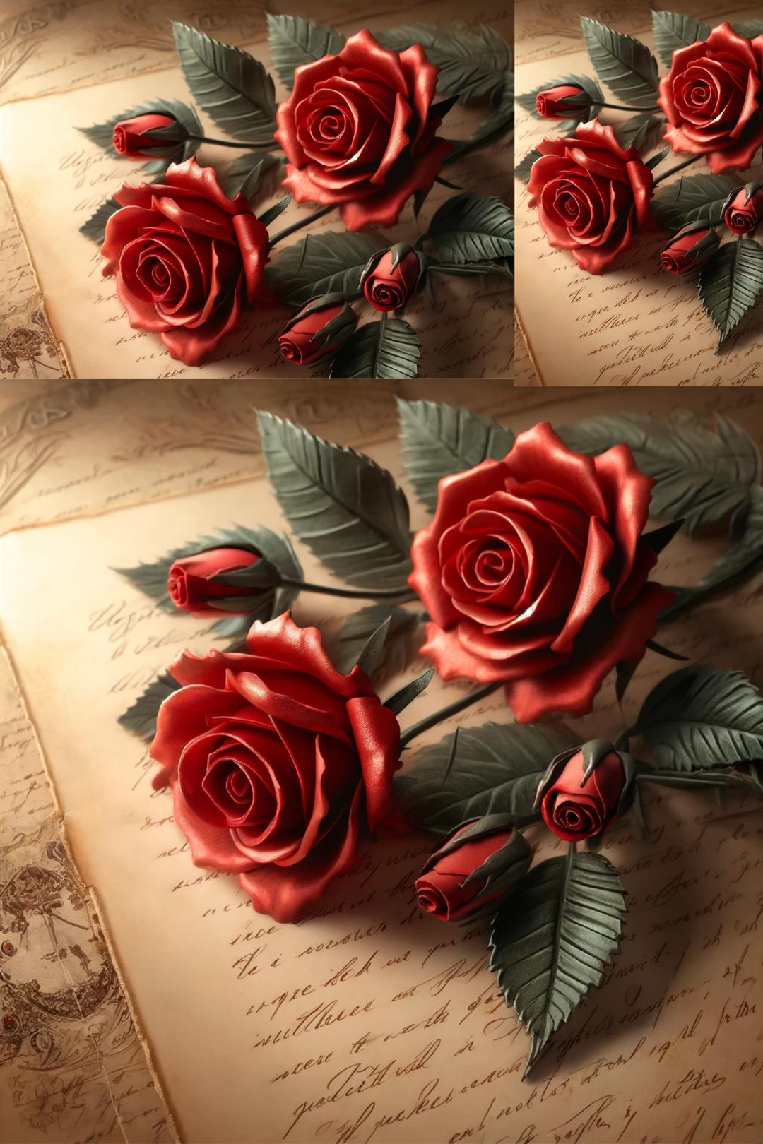 Reispapier für Decoupage Rote Rosen auf alten Buchstaben Kat. Nr. 98