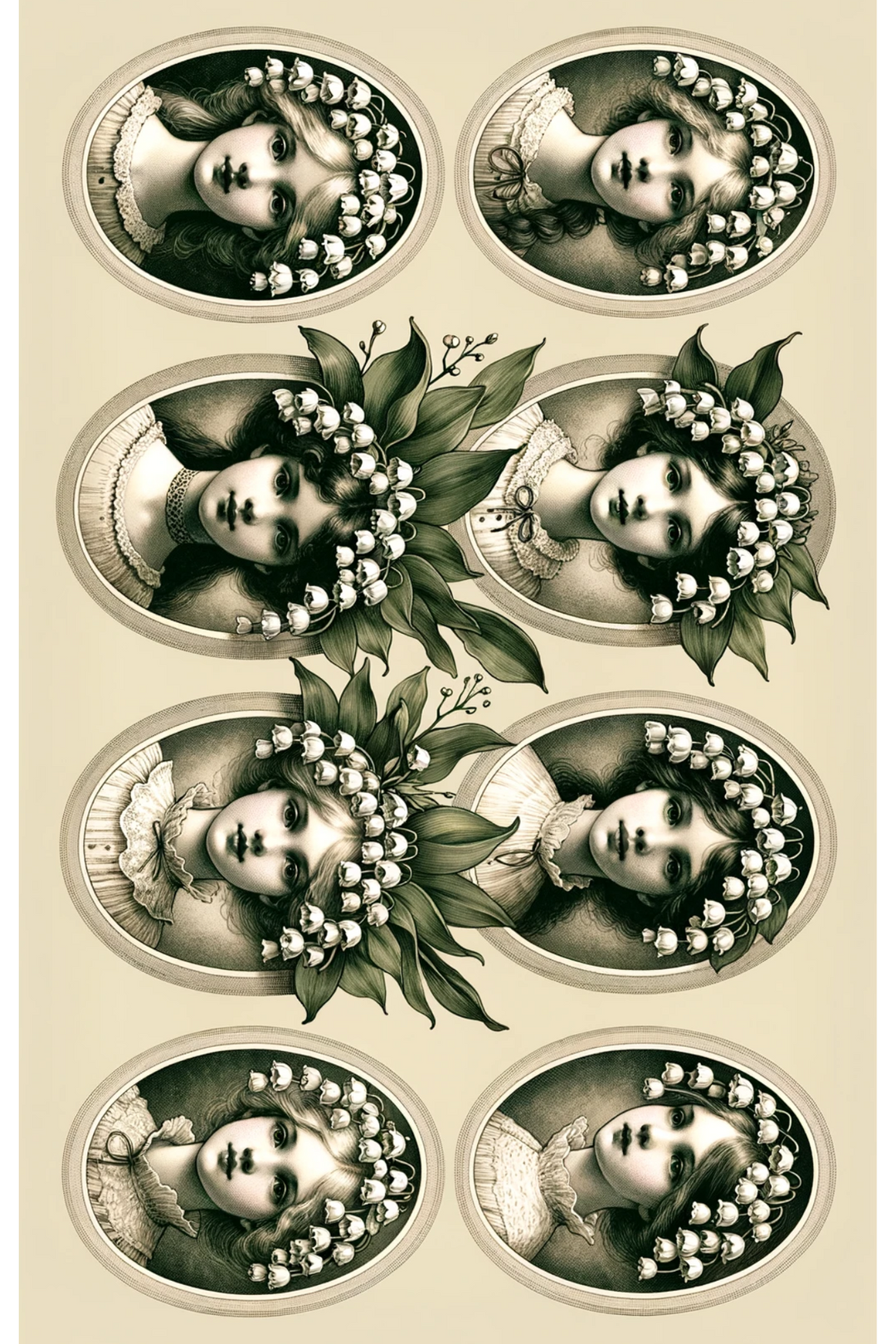 Reispapier für Decoupage Mädchenköpfe in Maiglöckchen, oval, voll, Kat. Nr. 126