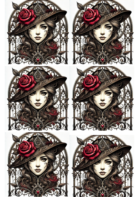 Reispapier für Decoupage Frau mit Rose Collage im Gothic-Stil Kat. Nr. 1940