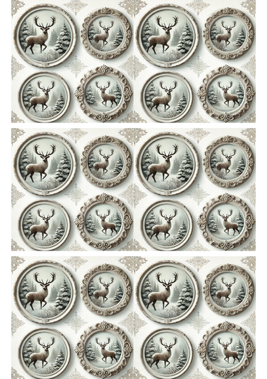 Rice Paper For Decoupage Deer In Winter Time In Round Frame Collage Cat. No. 3015