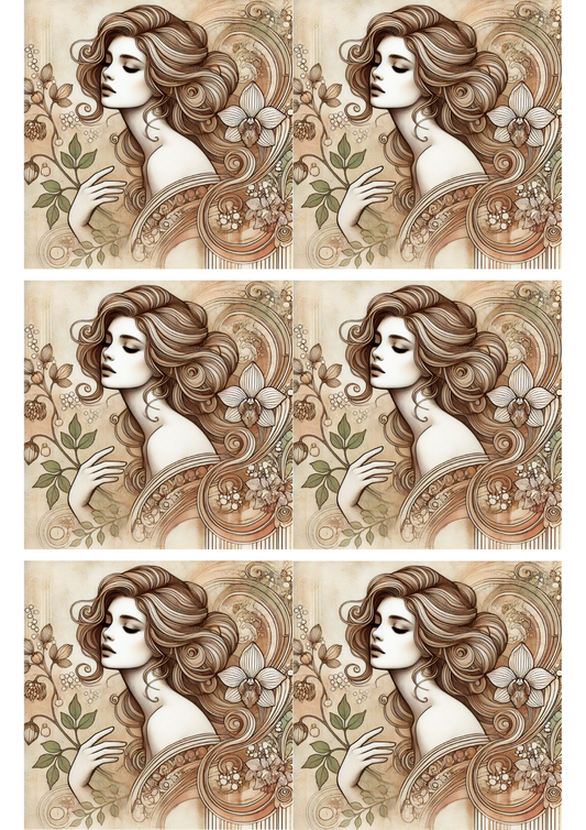 Reispapier für Decoupage, Frauenporträt, Jugendstil-Collage, Kat.-Nr. 3025