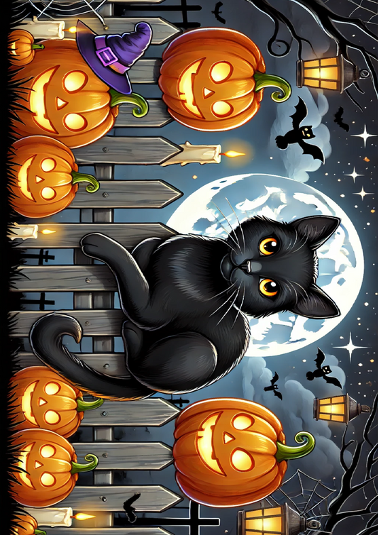 Reispapier für Decoupage Halloween Katze auf Zaun und Kürbissen Volle Kat. Nr. 1613