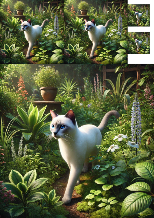 Reispapier für Decoupage Weiße Siamkatze im Garten Collage Kat. Nr. 1305