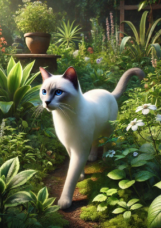 Reispapier für Decoupage, weiße Siamkatze im Garten, vollständige Kat.-Nr. 1306