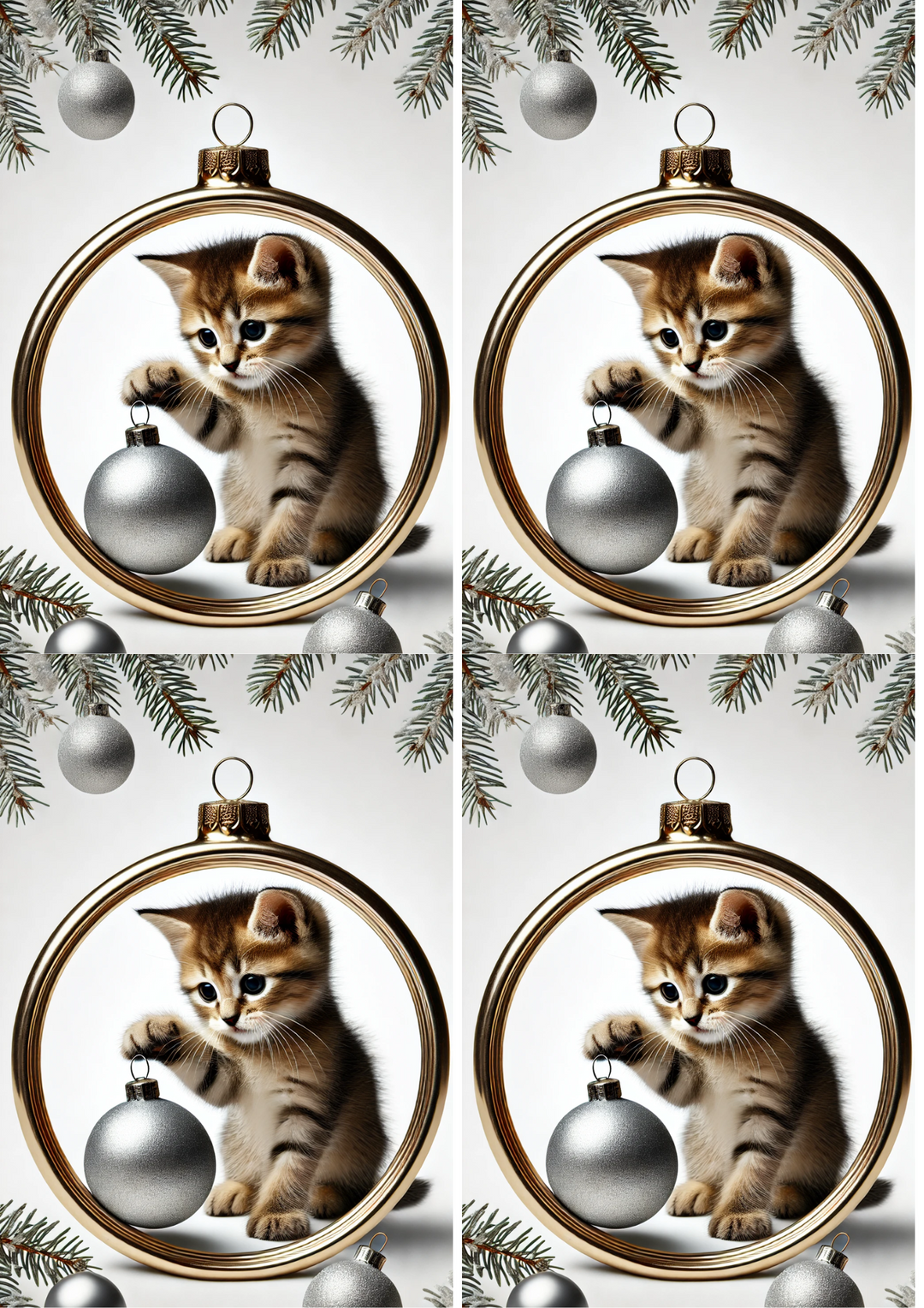 Reispapier für Decoupage Kätzchen spielt mit Weihnachtskugel in ovaler Collage Kat. Nr. 1530