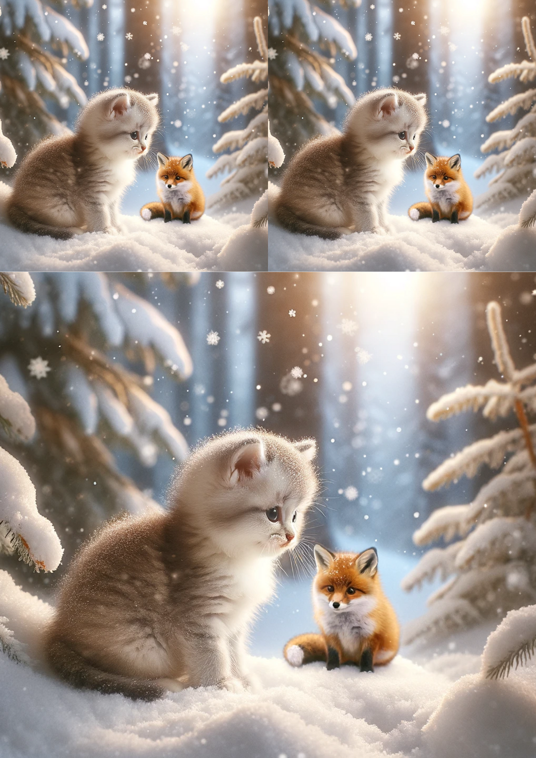 Rice Paper For Decoupage Kitten and Fox In Winter Collage Cat No. 767