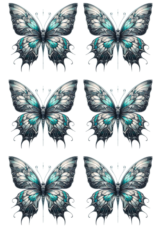 Reispapier für Decoupage-Schmetterling im gotischen Stil mit Aquamarintönen. Collage Kat. Nr. 2389
