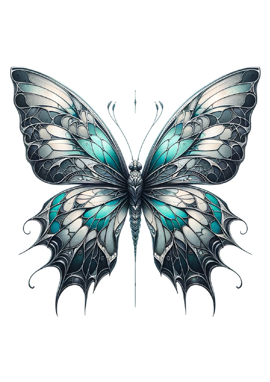 Reispapier für Decoupage-Schmetterling im gotischen Stil mit Aquamarintönen, vollständige Kat.-Nr. 2390