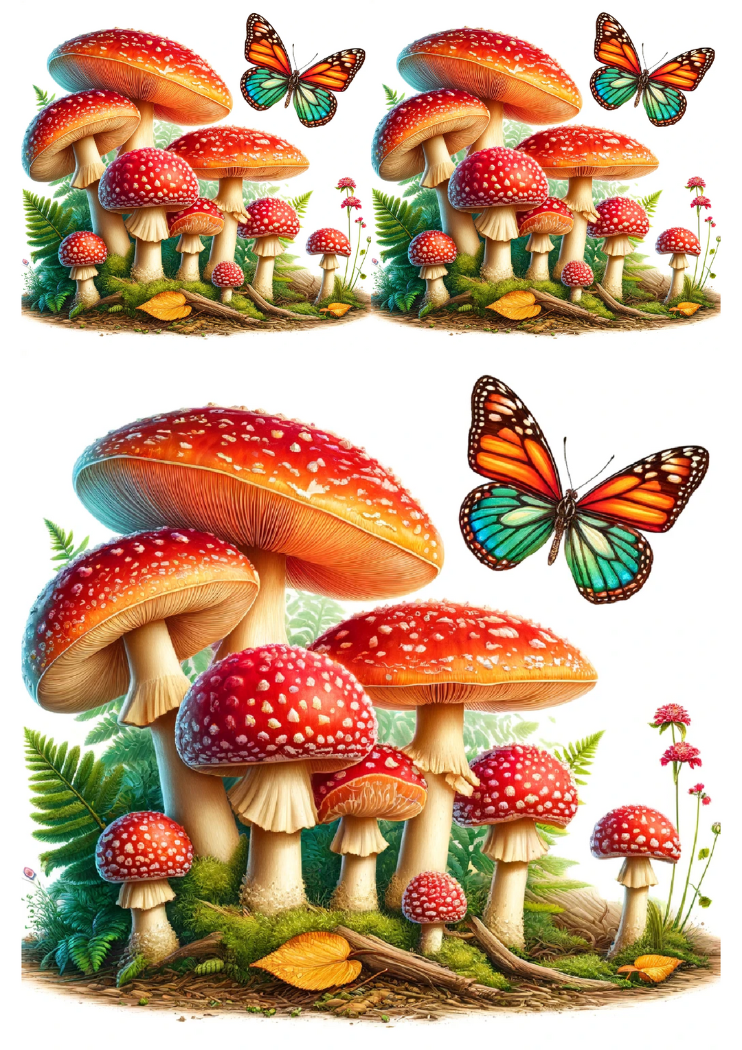 Reispapier für Decoupage-Collage „Fliegenpilze und Schmetterlinge in einem Topf“ Kat. Nr. 1214