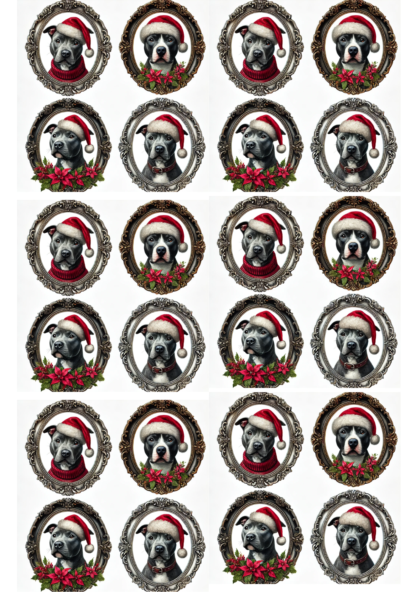 Rice Paper For Decoupage Pitbul In Oval And Christmas Hat Collage Cat. No. 3095