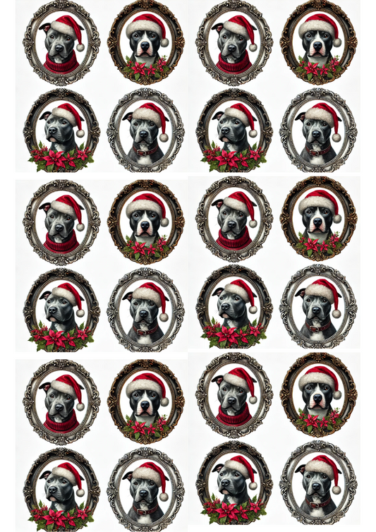 Rice Paper For Decoupage Pitbul In Oval And Christmas Hat Collage Cat. No. 3095