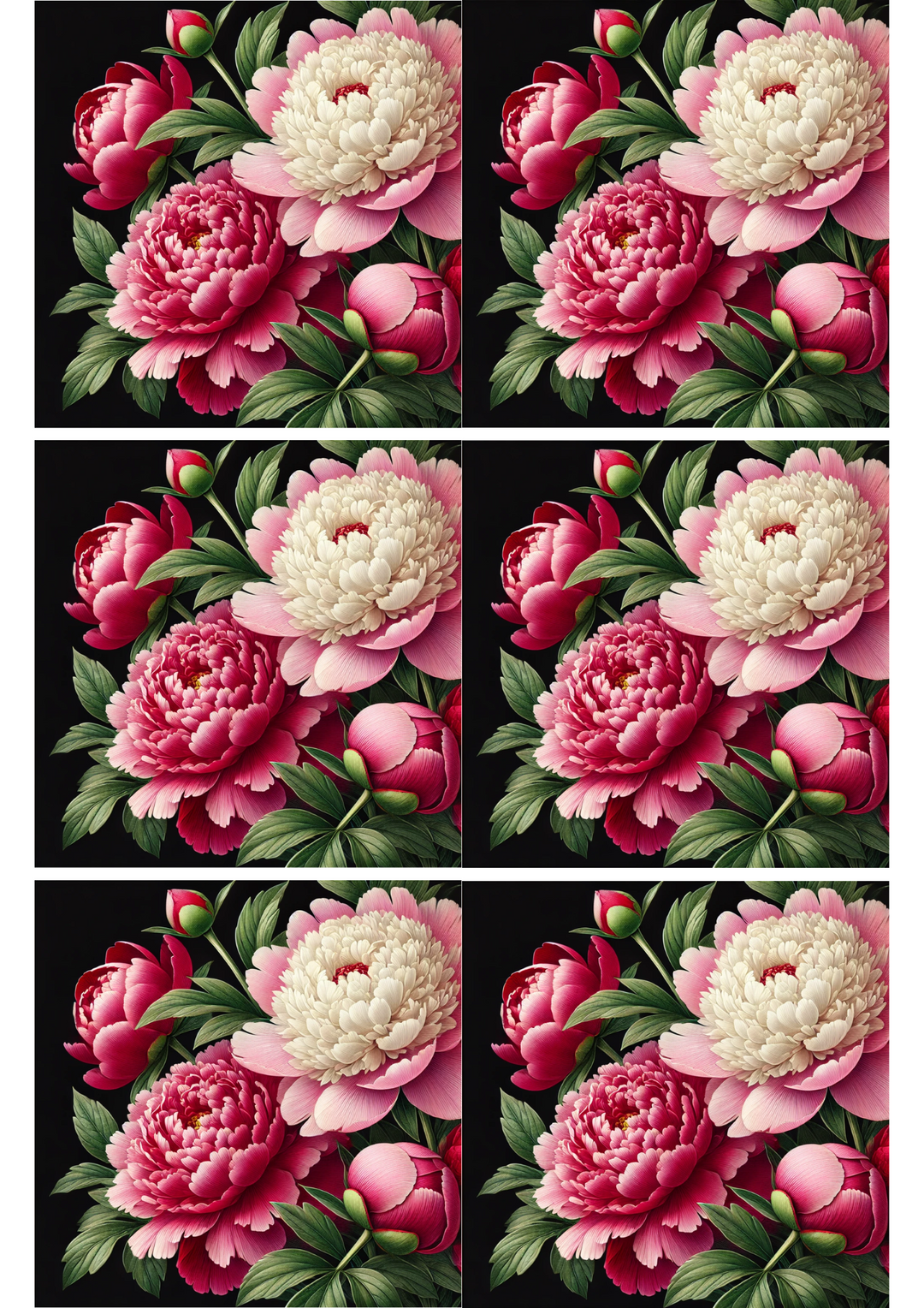 Rice Paper For Decoupage Peonies On Black Background Collage Cat. No. 2264