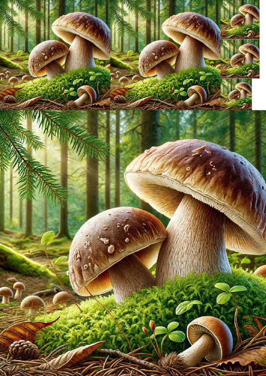 Reispapier für Decoupage Pilze Steinpilze auf Waldboden Collage Kat. Nr. 1222