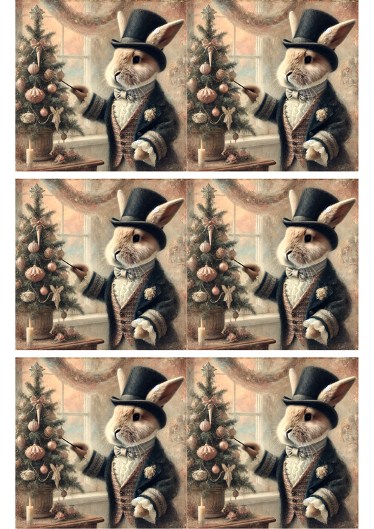 Rice Paper For Decoupage Rabbit In A Hat Decorates A Christmas Tree Vintage Collage Cat. No. 3103
