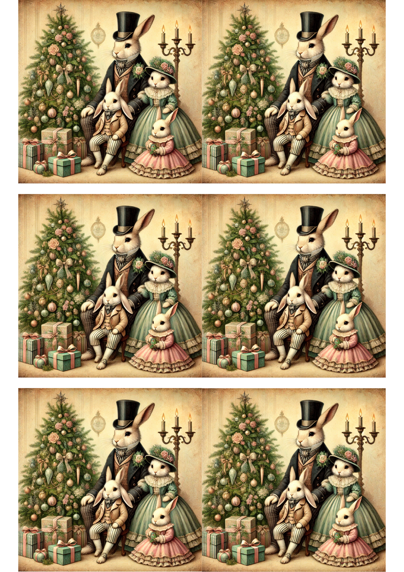 Rice Paper For Decoupage Rabbit Family By The Christmas Tree Vintage Collage Cat. No. 3107