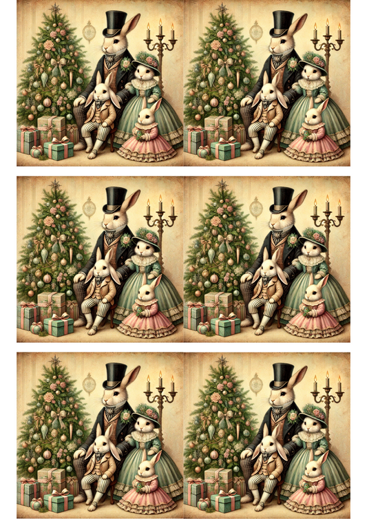 Rice Paper For Decoupage Rabbit Family By The Christmas Tree Vintage Collage Cat. No. 3107