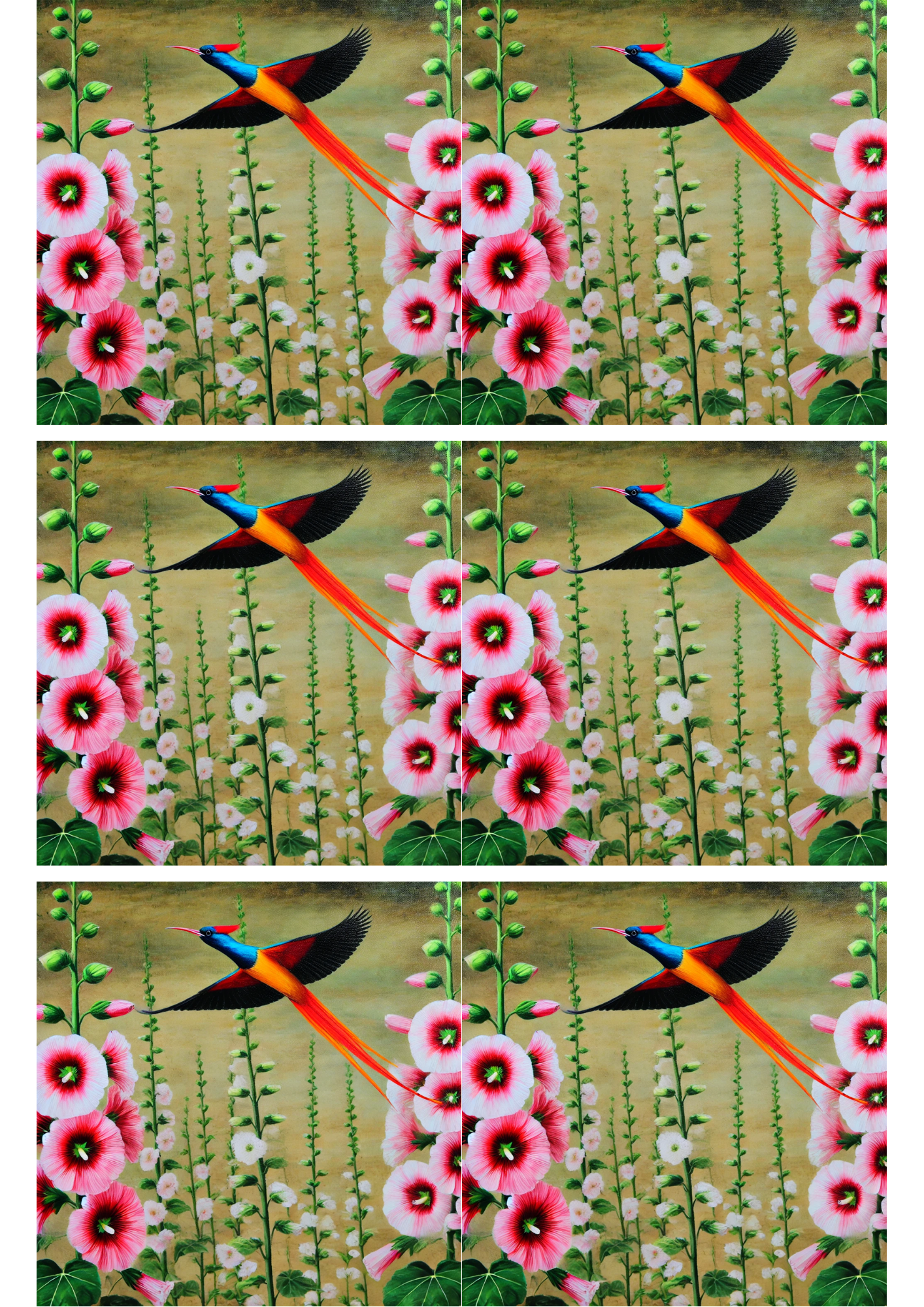 Rice Paper For Decoupage Bird of Paradise and Hollyhocks Collage Cat. No. 2312