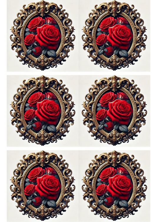 Rice Paper For Decoupage Red Rose Baroque Oval Collage Cat. No. 3113