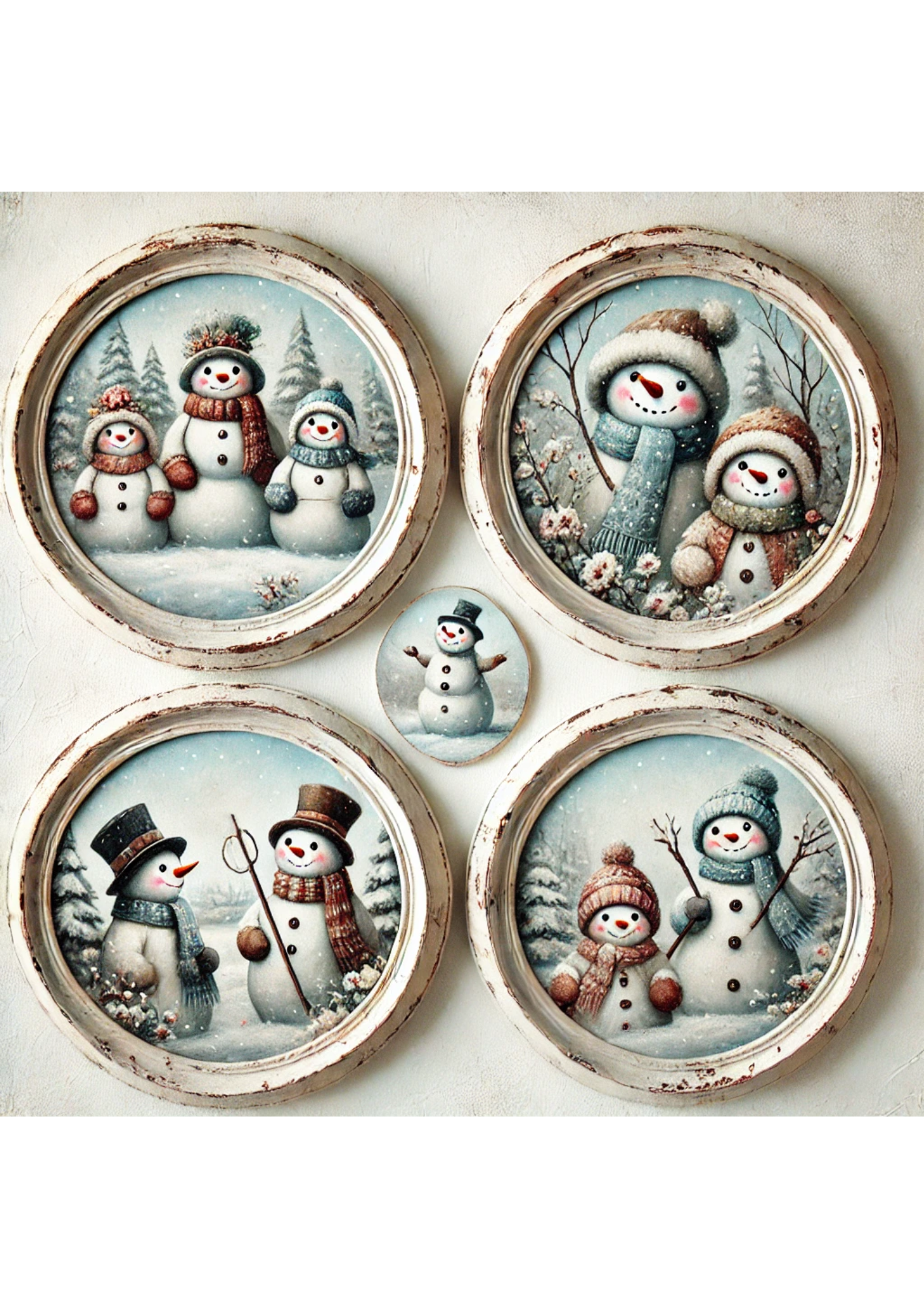 Rice Paper For Decoupage Snowman In Round Frames Full Cat. No. 3134